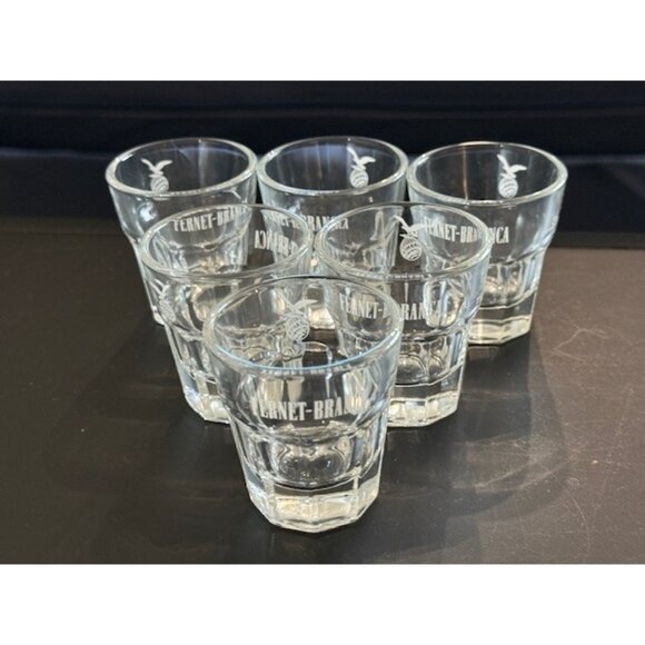 Fernet-Branca Milano Italian Liqueur Logo 6 Clear White Glass Shot Glasses New - Picture 1 of 11